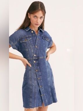 Free People The City Asymmetrical Denim Jean Dress Raw Hem Women’s Large NWT